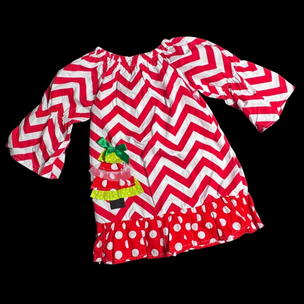 NWT "CUTE" Boutique Ribbon Christmas Tree Red and White Chevron Dress Size XL
